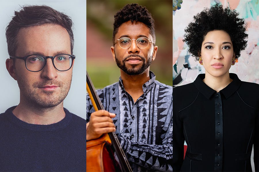 Headshots of Conor Hanick, Seth Parker Woods, and Julia Bullock