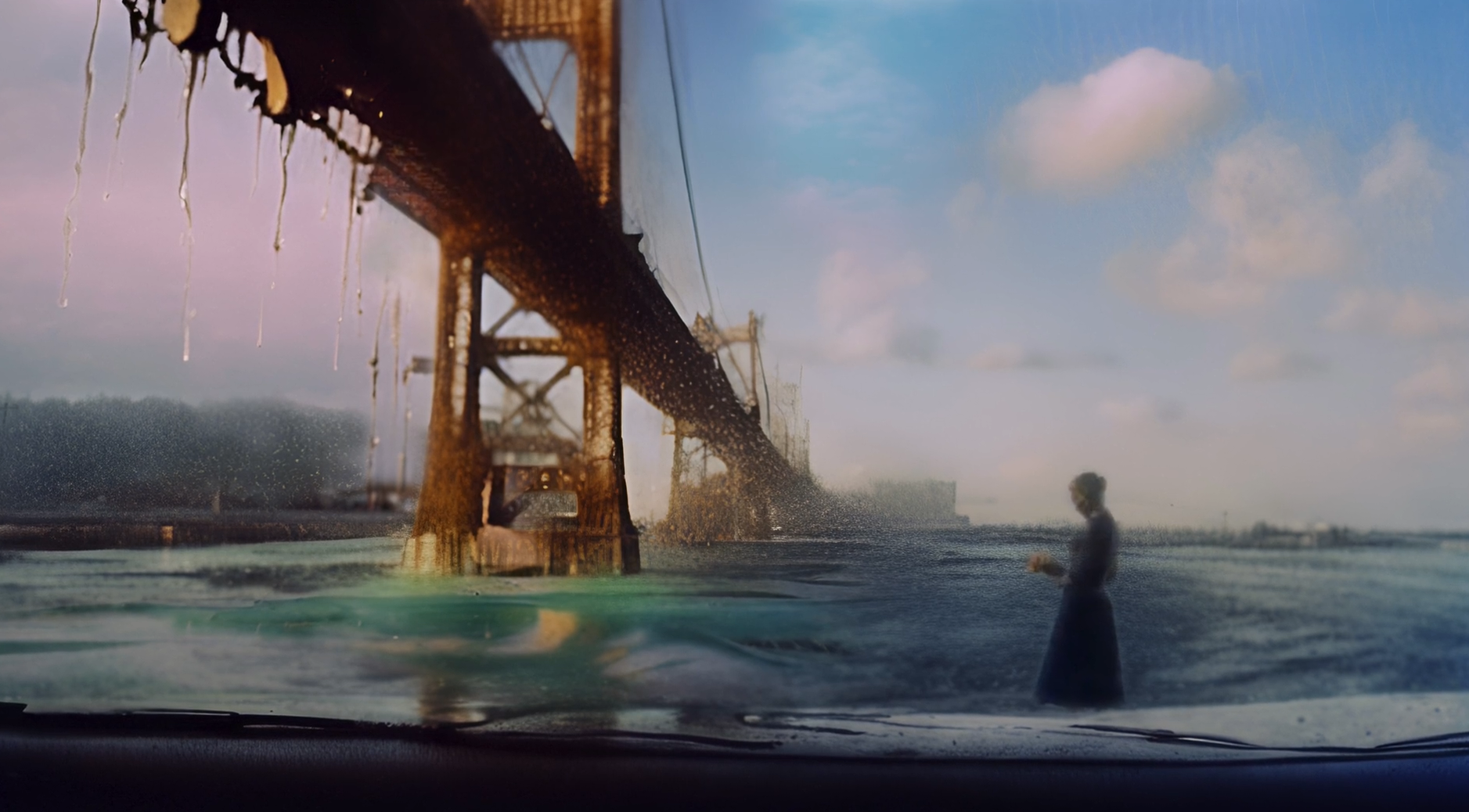 atmospheric still life of bridge crossing water and lone shadowy figured standing with an open book