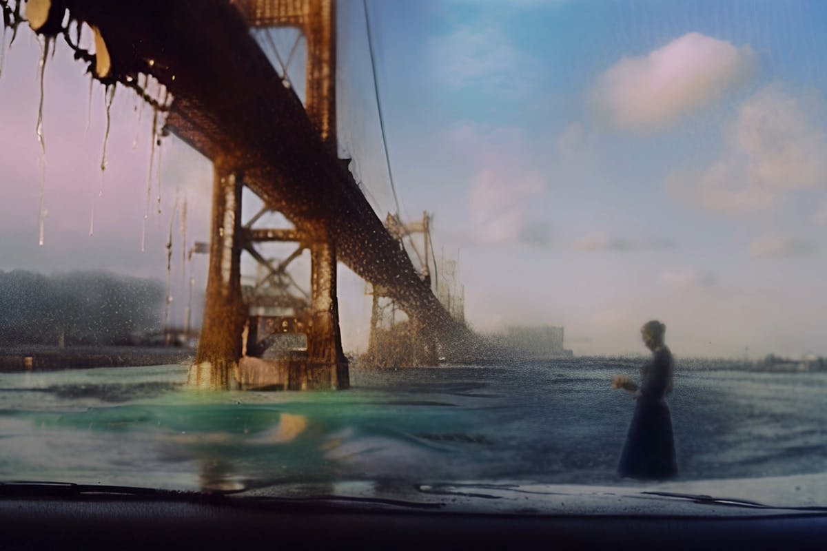 atmospheric still life of bridge crossing water and lone shadowy figured standing with an open book