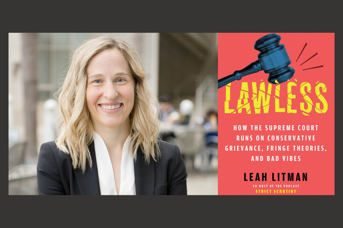 Headshot of author Leah Litman next to the cover art for her book "Lawless"