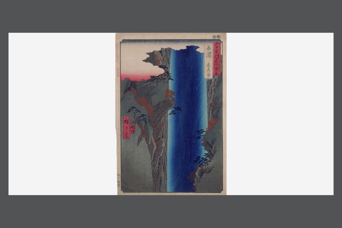 Image of Color woodblock print by Utagawa Hiroshige, titled "Yoro Waterfall in Mino Province, Number 23," 1853–58

