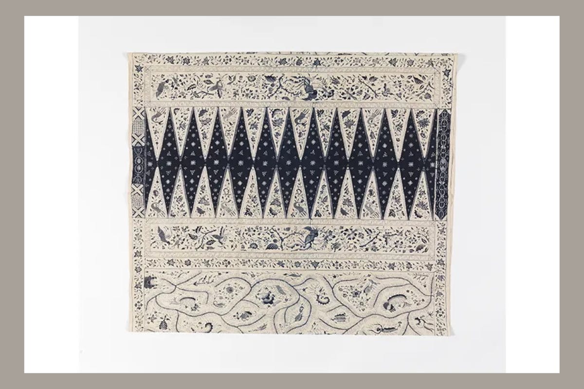 Image of a textile from Indonesia, blue and cream with flourishes and shapes