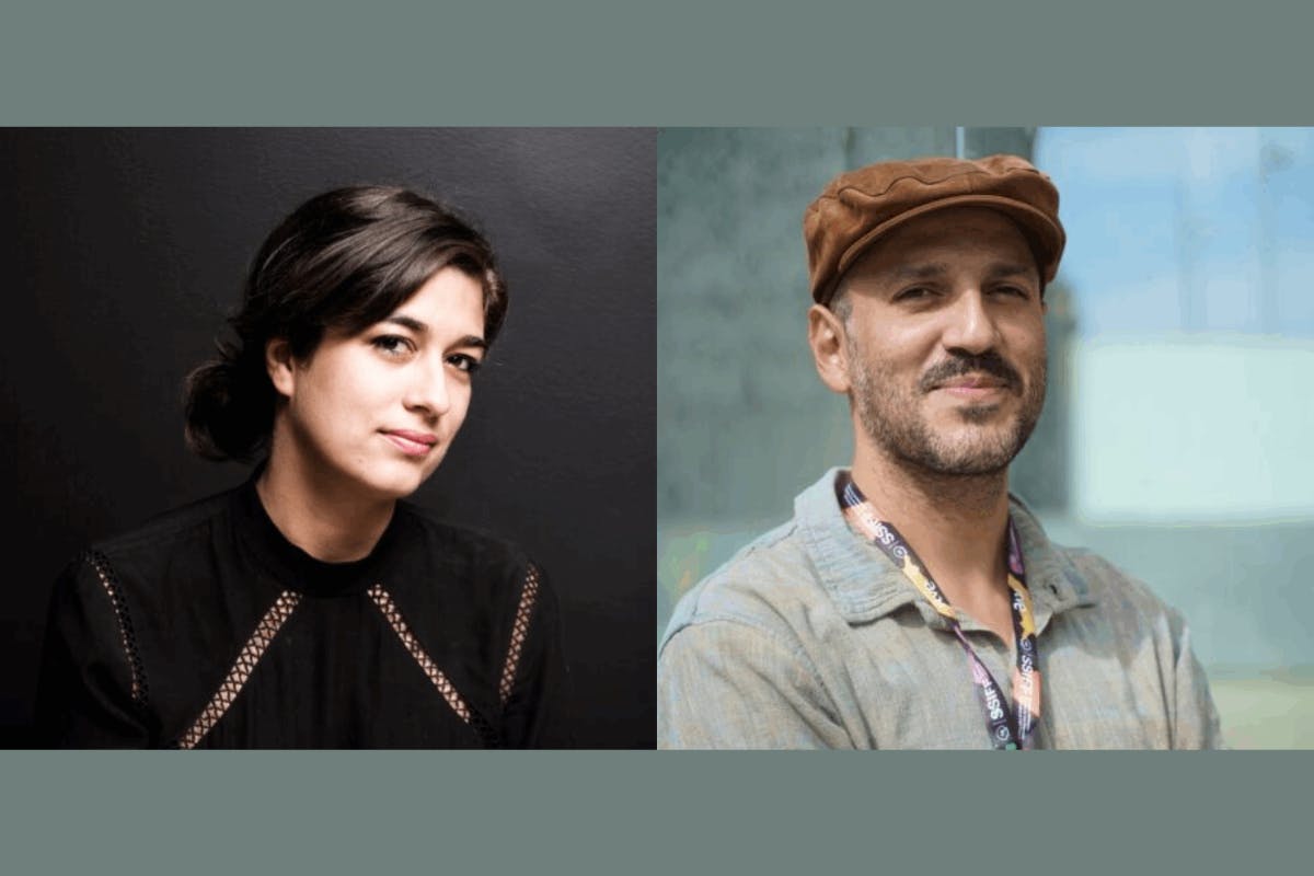 Portraits of Marike Splint and Juan Pablo, side by sude. She is wearing a black dress, he is wearing a brown hat and grey shirt