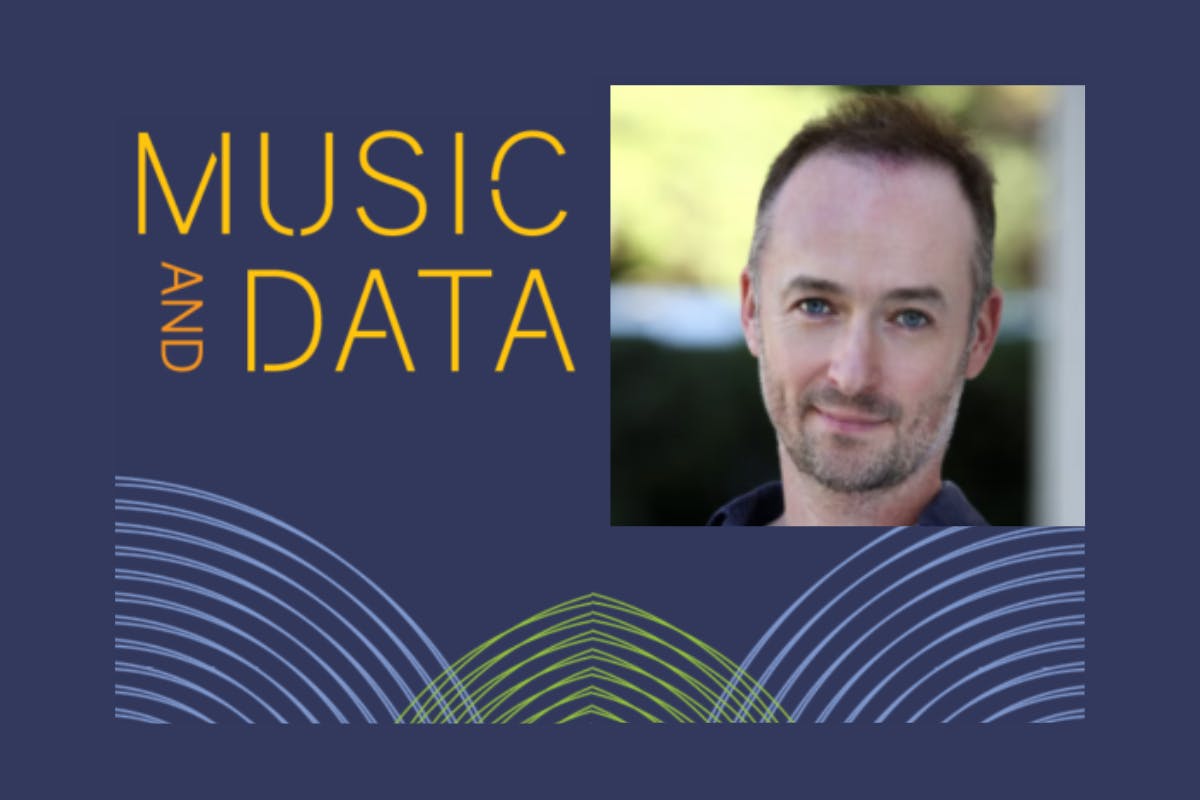 Headshot of Tom Hogsden with cover graphic for new journal named "Music and Data"