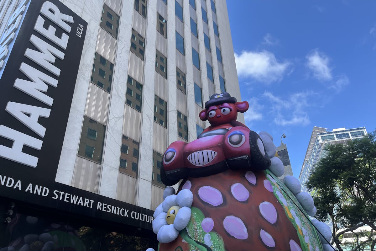 A 25-foot inflatable sculpture of a bright pink bear driving a bright pink car is mounted outside the Hammer Museum.