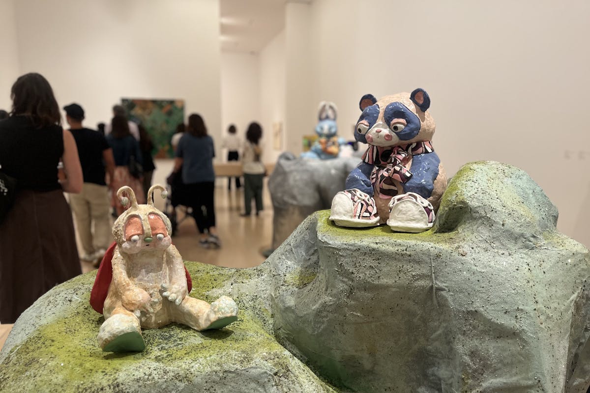 Ceramic work by artist Alake Shilling in the Hammer Museum, a ceramic tortise and panda sit forlornly on a rock surface
