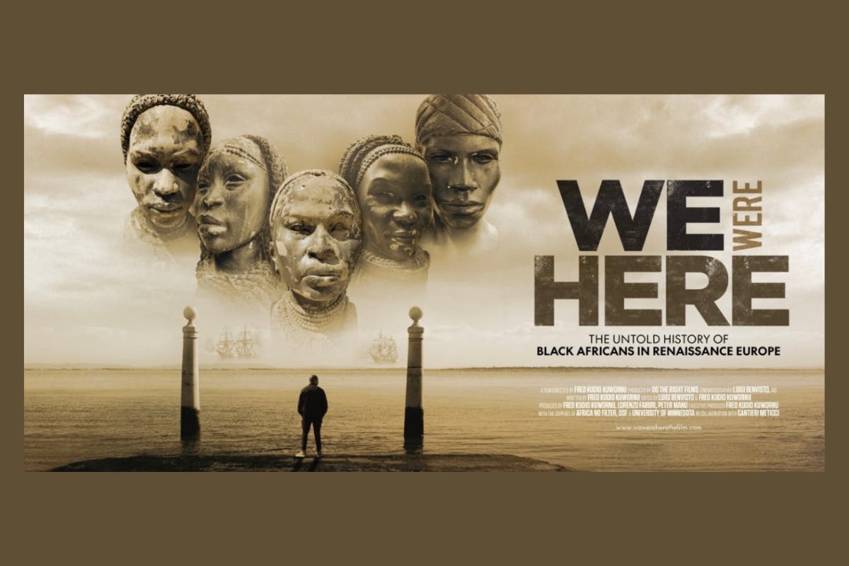 Poster version for the film "We were Here" featuring several faces staring into the camera above a desert landscape