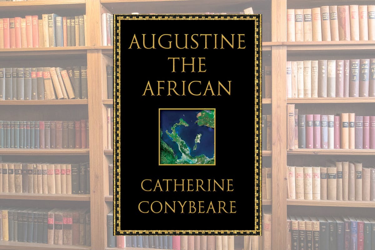 book cover of Augustine the African against a background image of a full bookshelf