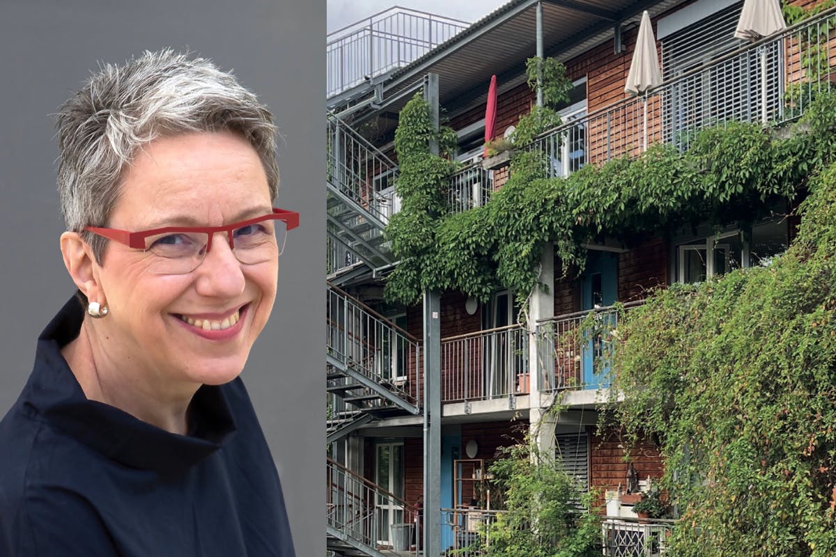 Portrait of architect Alexandra Staub on the left with an image of an apartment building draped in greenery on the right