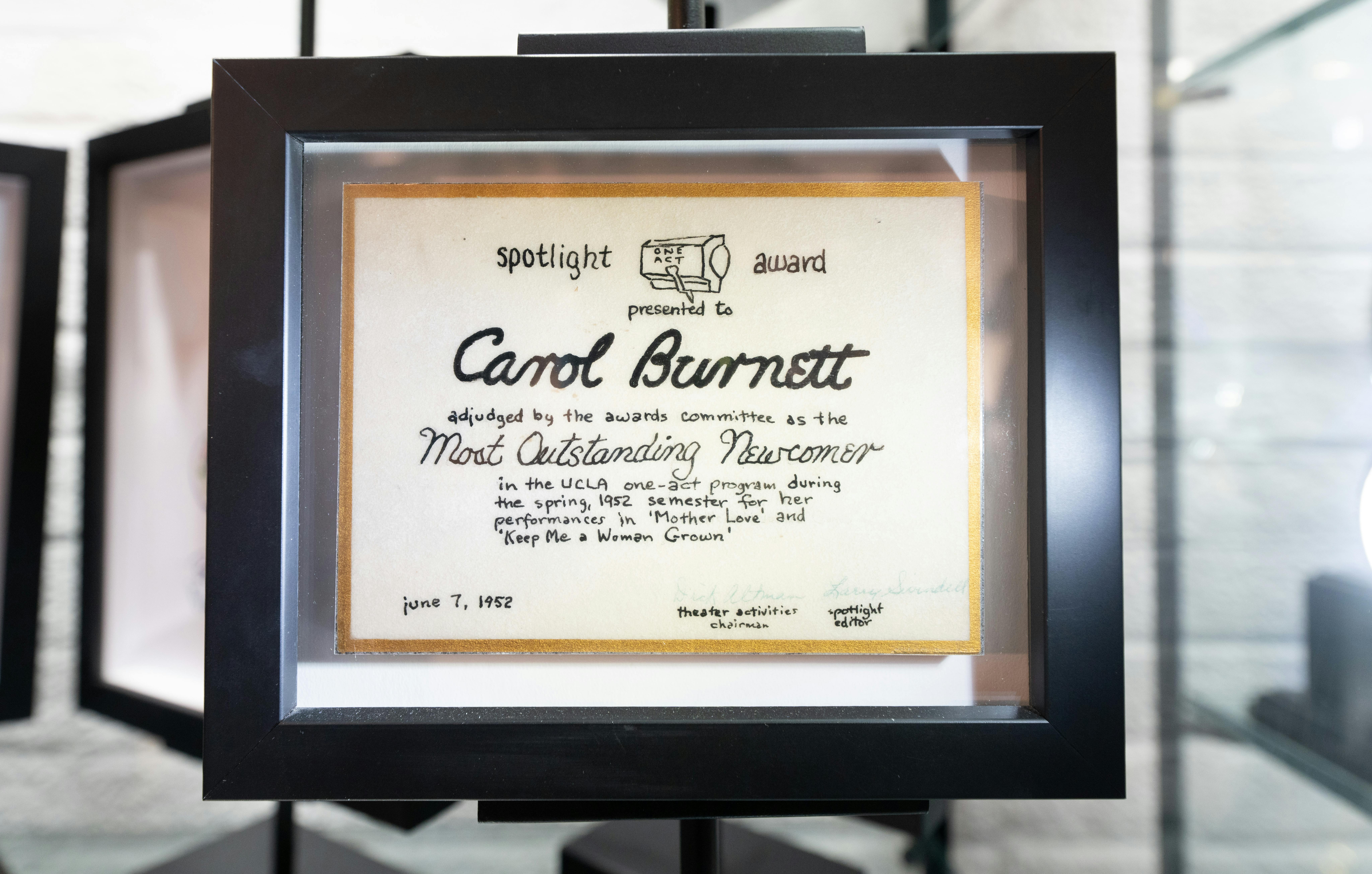 detail view of an award given to Carol Burnett in 1952