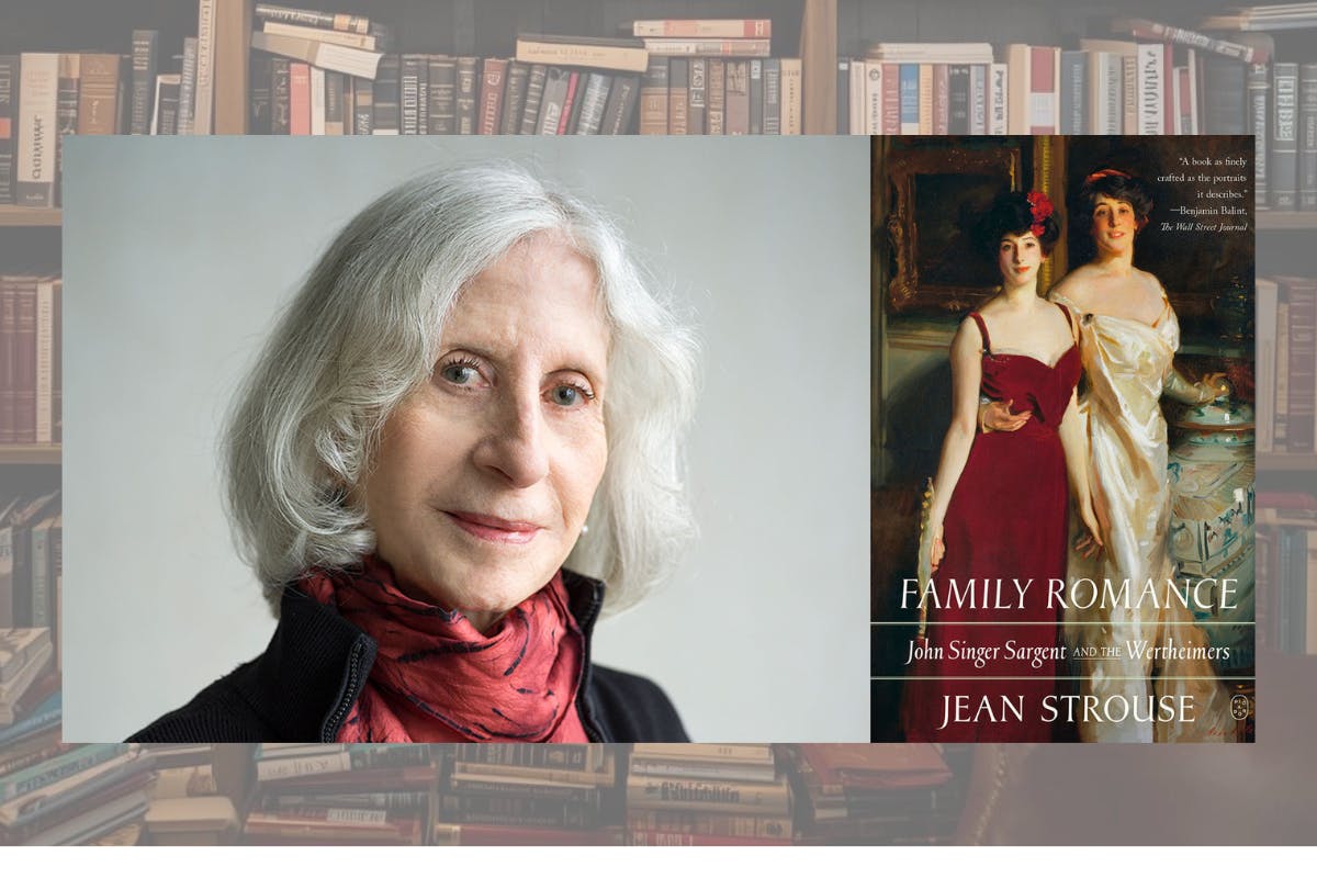 Portrait of Jean Strouse on the left, with a cover of her book "Family Romance" on the right against a bookshelf backdrop.