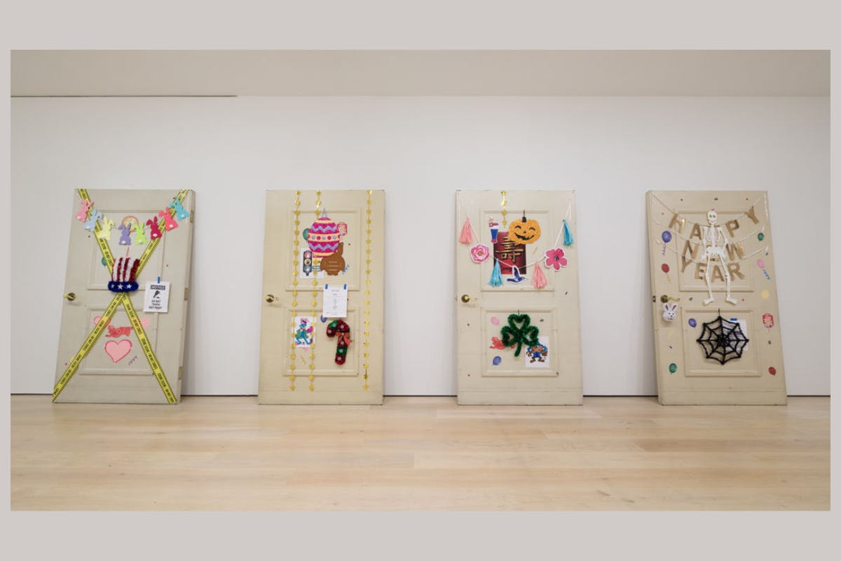 Installation view of large-scale work by Amanda Ross-Ho, Untitled Thresholds (Four Seasons) at the Hammer