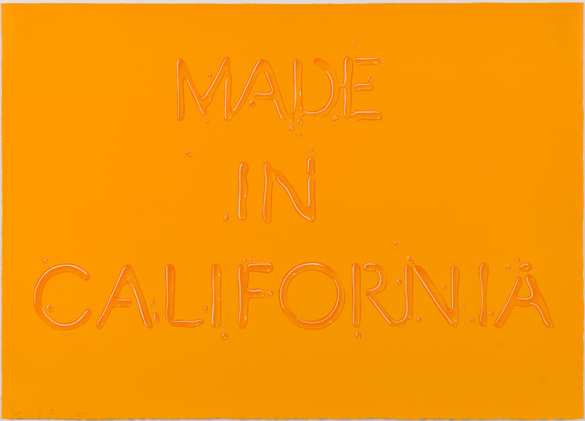 Bright orange print with the words "Made in California" by artist Ed Ruscha