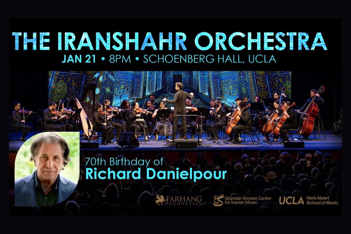 Poster for concert event featuring a large image of an orchestra performing, with an inset portrait of Richard Danielpoir