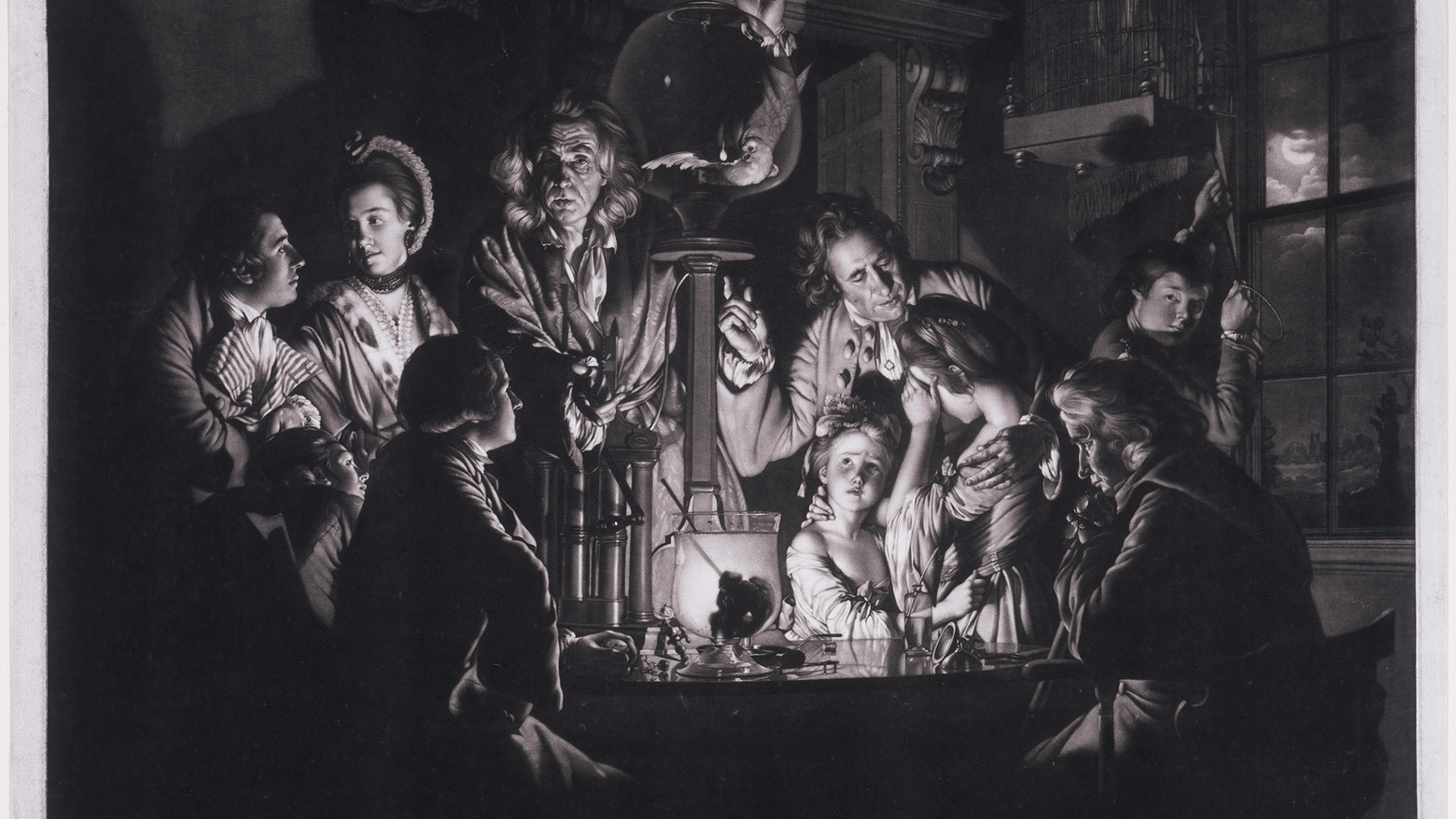 Detail view of a work by Valentine Green, after Joseph Wright of Derby, titled The Air Pump, 1769