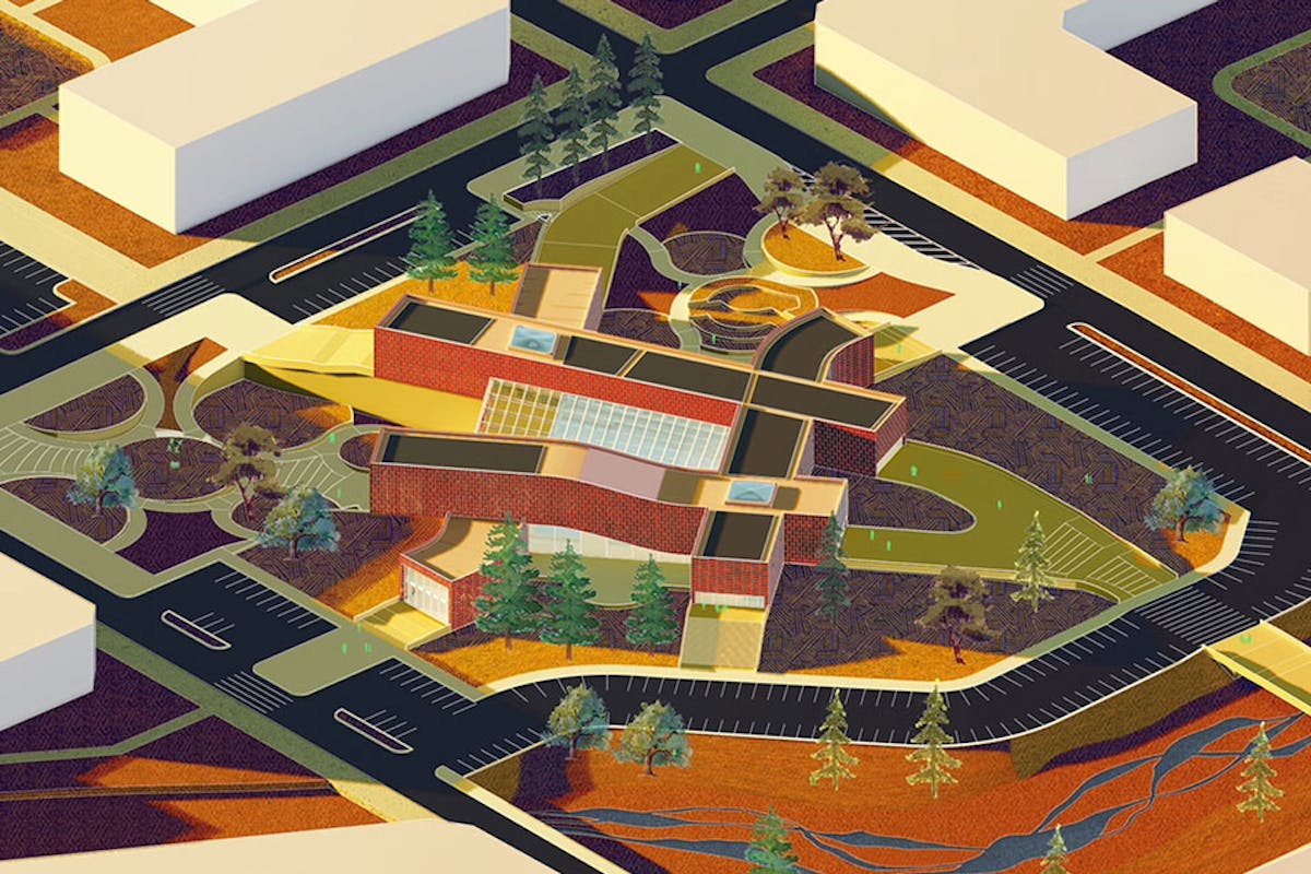 Graphic rendering of a potential cityscape, designed by UCLA architecture and urban design students