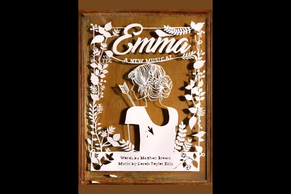 Poster for a musical theater play titled "Emma" featuring white cutout shape of a woman surrounded by flowers. 