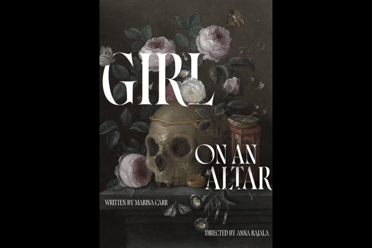 Poster for a play titled Girl on an Altar. A skull surrounded by flowers.