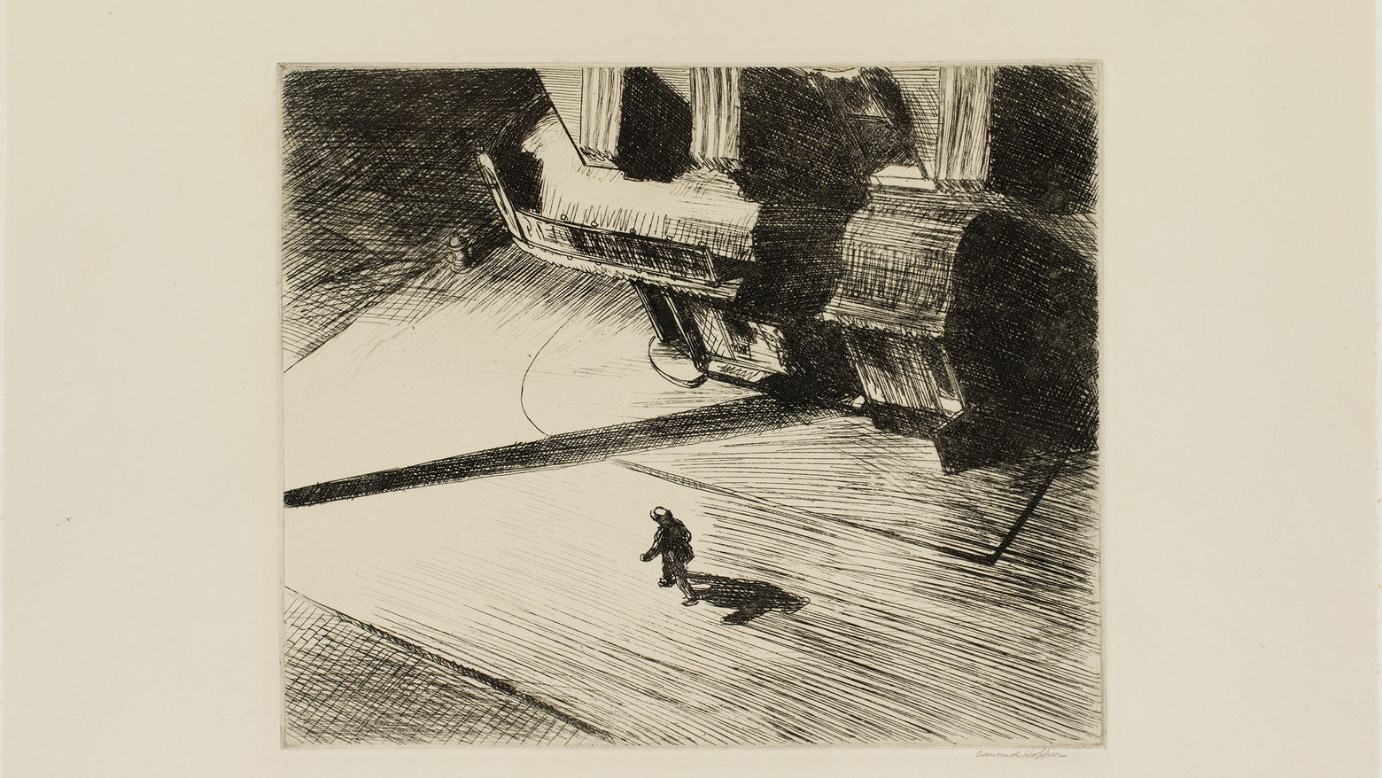 Pencil sketch of a man walking down a shadowed street