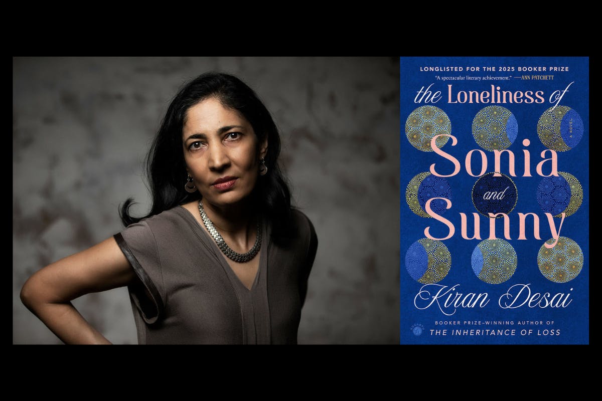 Head shot of author Kiran Desai on the left and an image of her book cover on the right