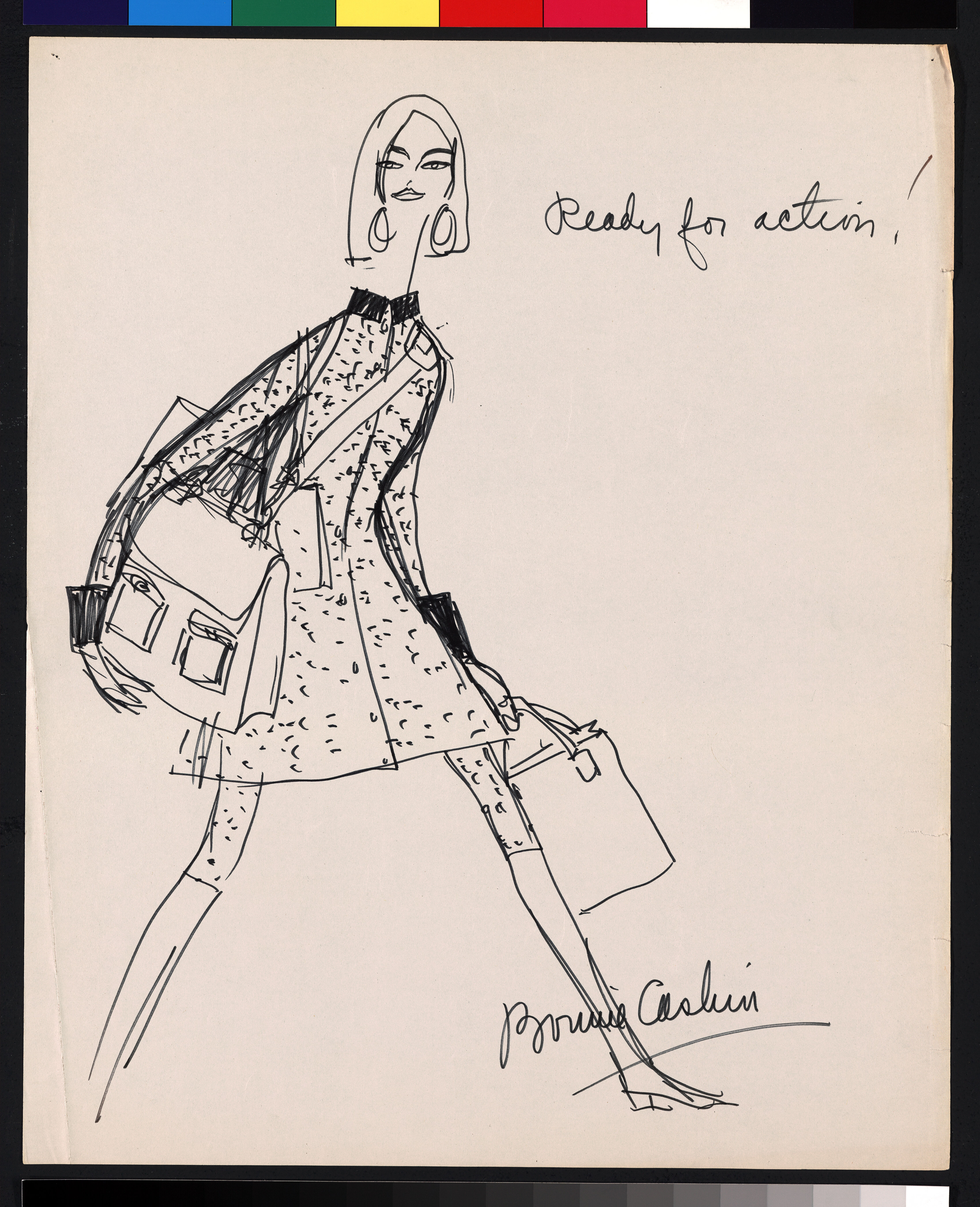 sketch of woman in motion wearing short dress and holding two handbags with text "ready for action!"