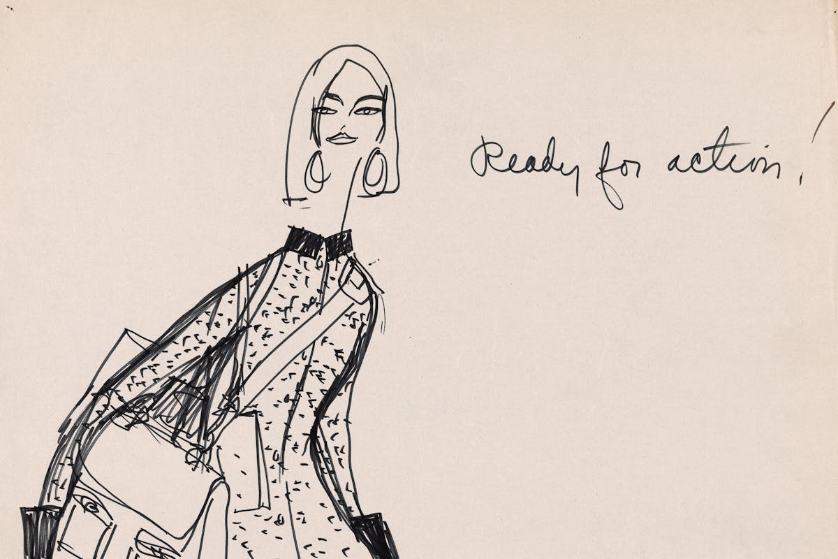 sketch of woman in motion wearing short dress and holding two handbags with text "ready for action!"