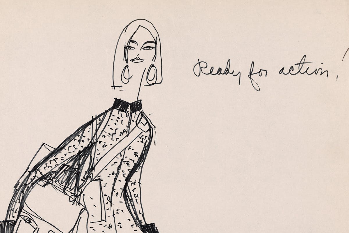 sketch of woman in motion wearing short dress and holding two handbags with text "ready for action!"