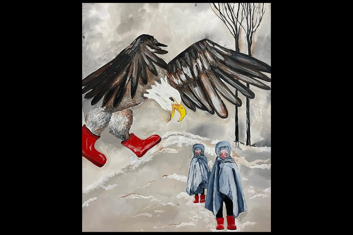 Image of an oil painting with a giant bald eagle in the snow with two small children. A work by Haniko Zahra