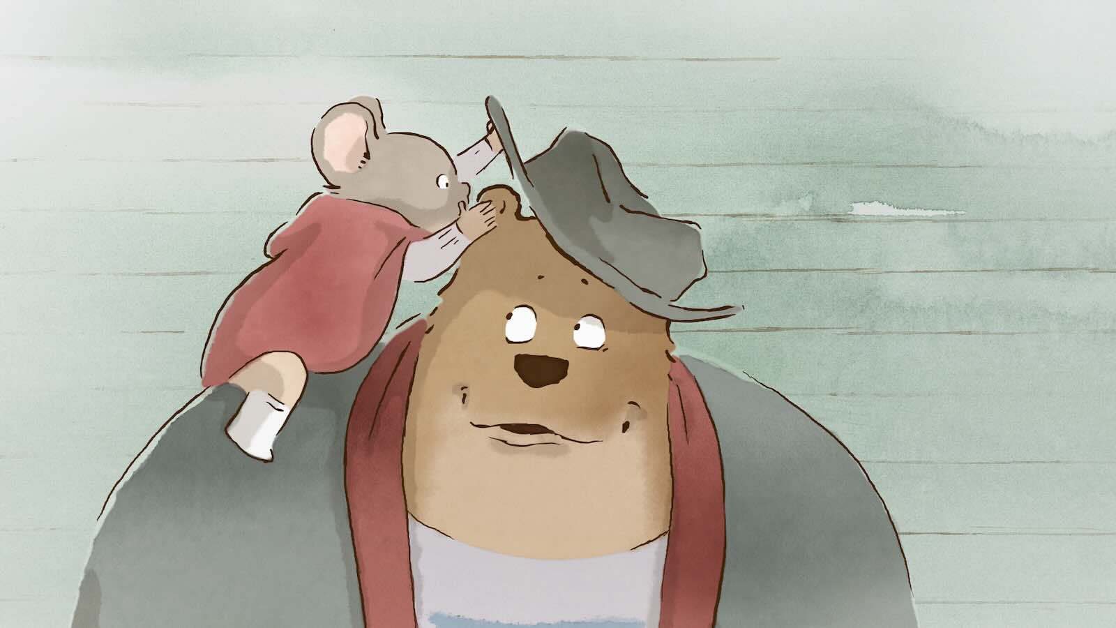cartoon mouse whispering into a bear's ear