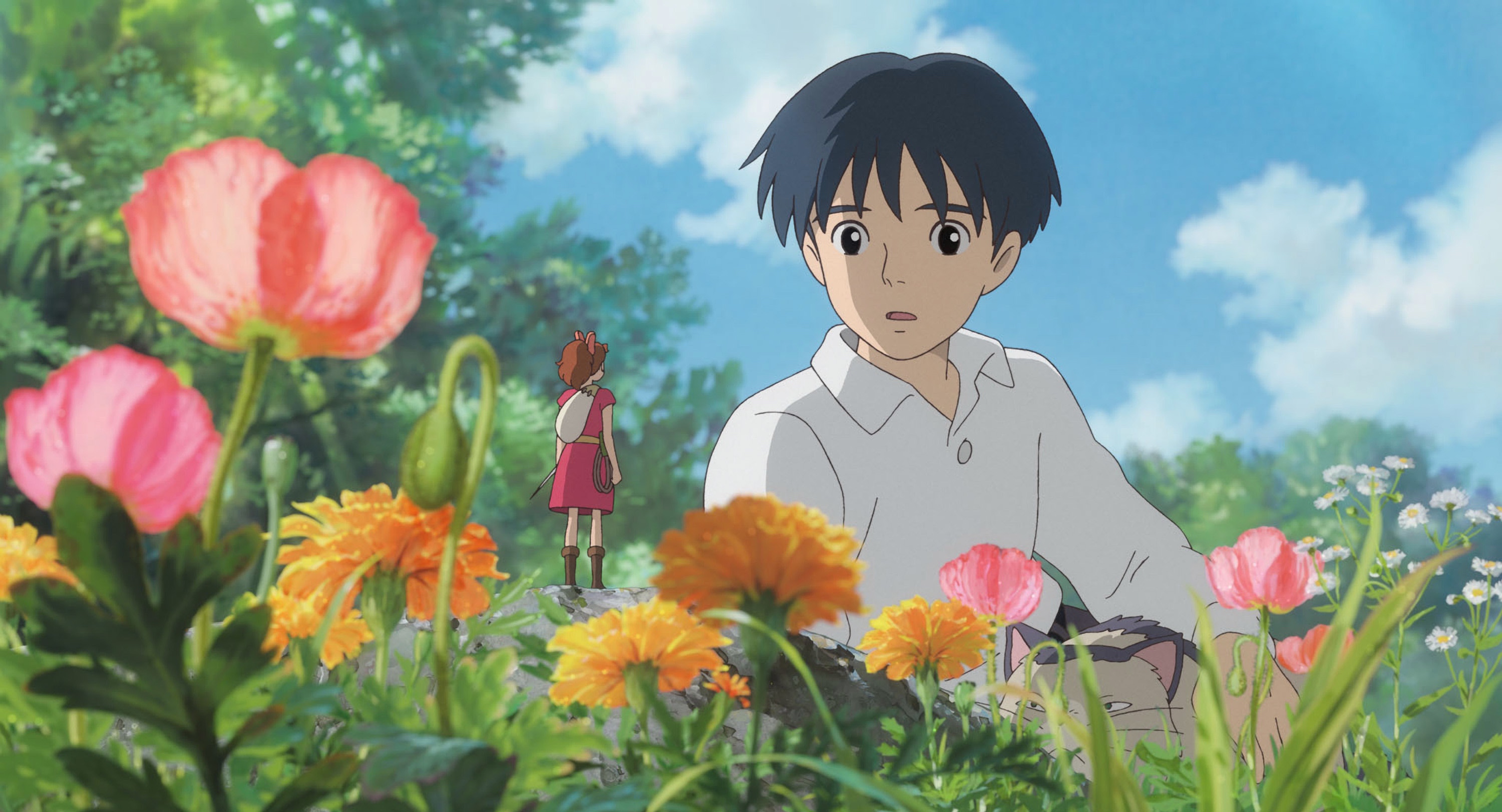 animation of young boy in garden with flowers talking to a small figure