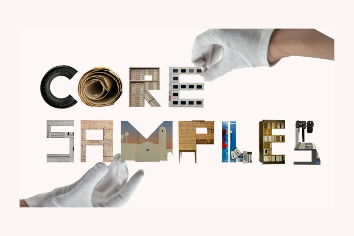 a collage of materials spell out the words "Core Samples"