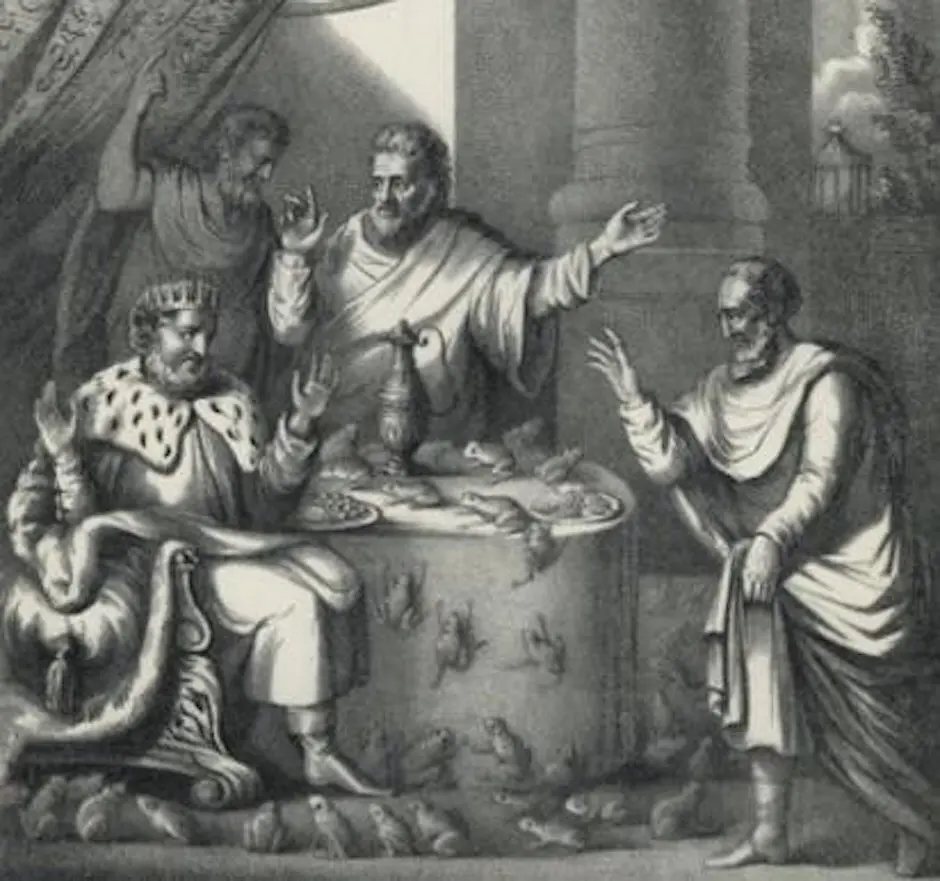 Image of a black and white painting of a group of men sitting around a table. they are wearing togas and frogs are everywhere. 