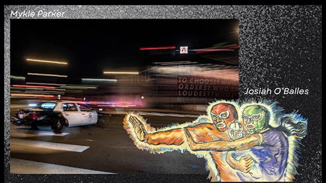 An artwork featuring a blurred image of a police car and a cartoon drawing of parents holding a child. They are all wearing luchadores masks.
