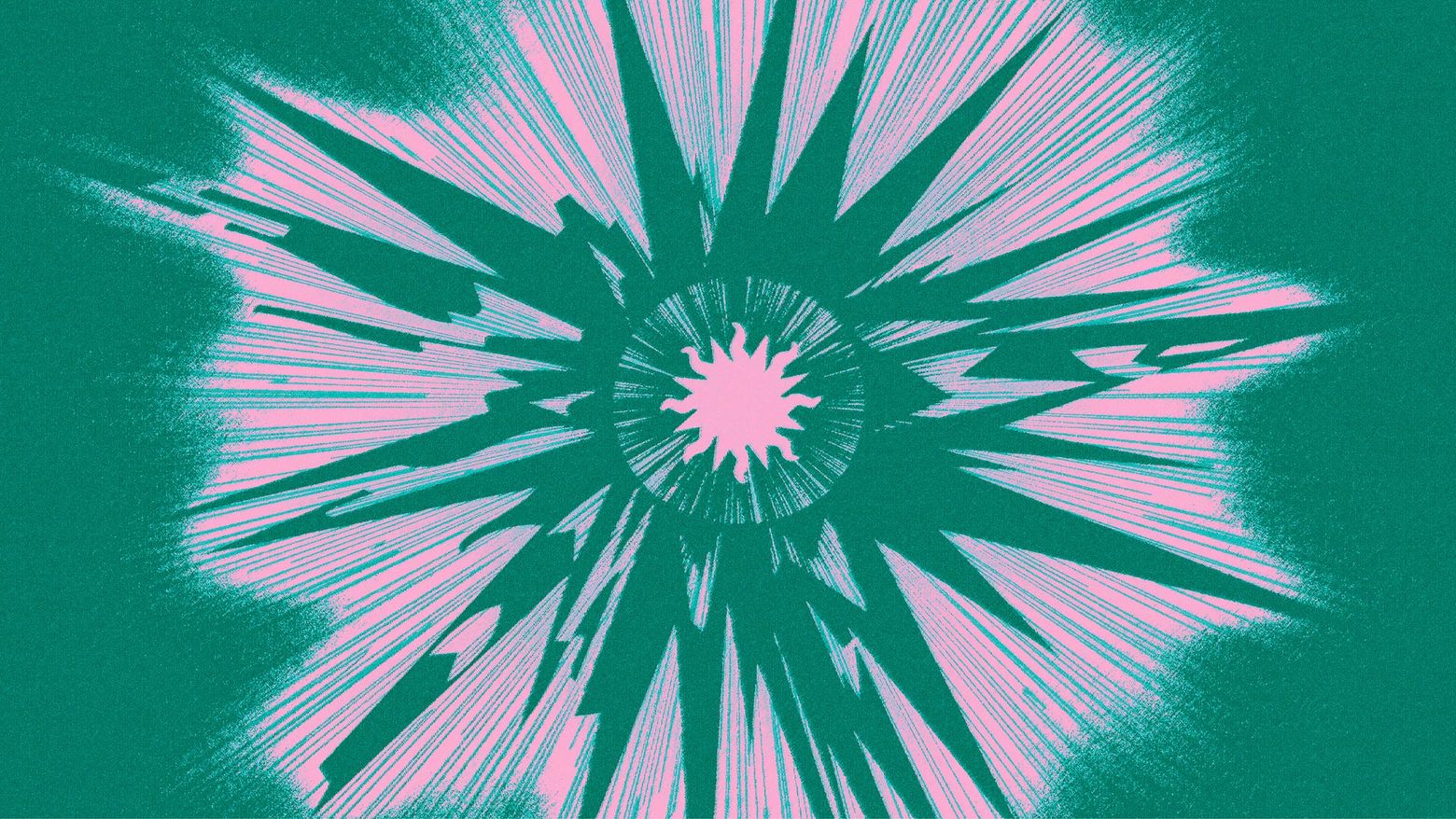 Pink graphic on a green background, it looks like a sunburst