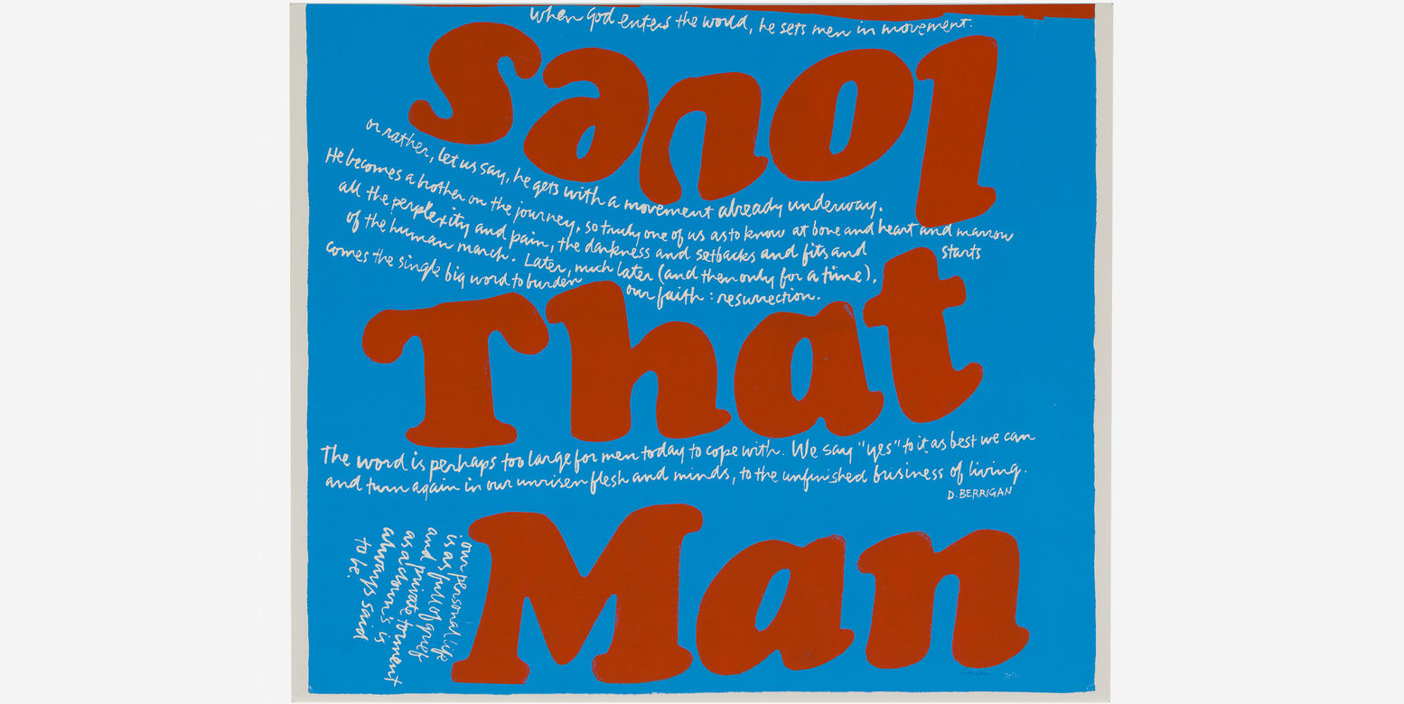 Blue graphic with red text that reads "loves that man" the word "loves" is upside down and backwards.