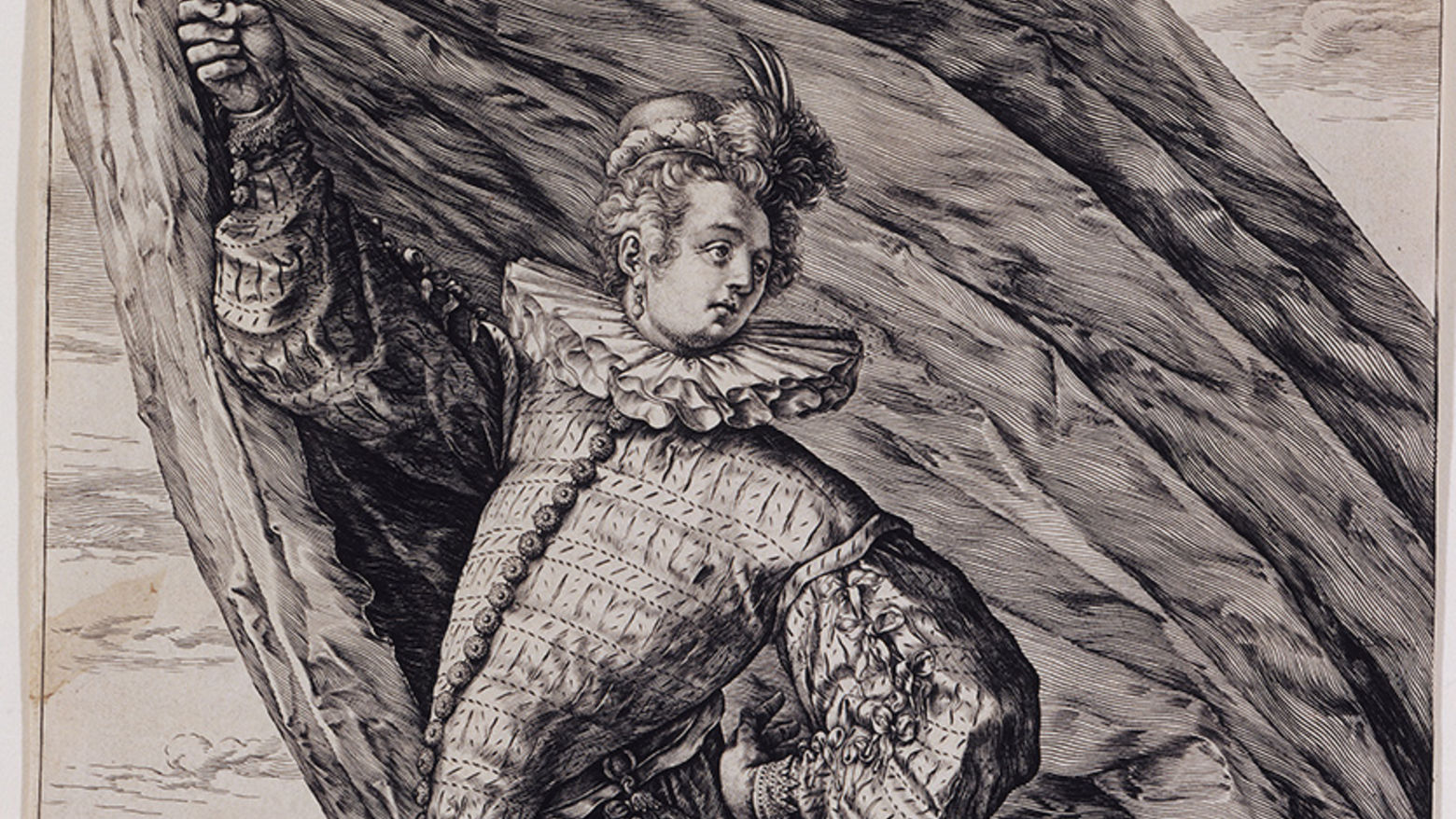 Intricate black and white drawing of what looks to be a renassaince character