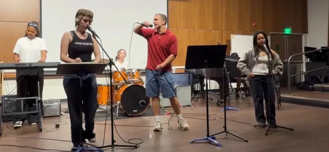 A group of musicians perform with their instruments