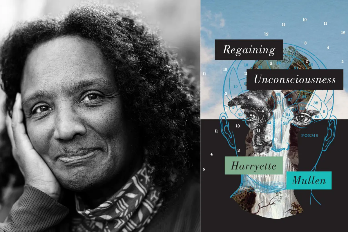 Collage with a portrait of Harryette on the left and the cover over her new book on the right