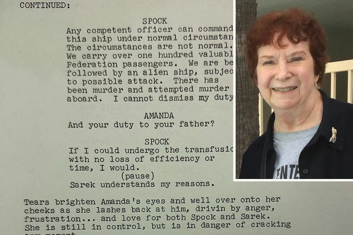 Collage showing a typed page of a script from an episode of star trek with a headshot of the writer