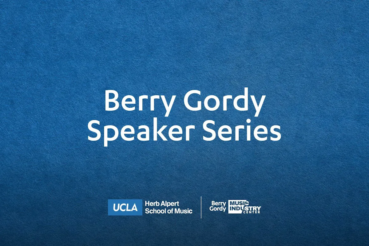 Blue background with white words saying "Berry Gordy Speaker Series". 