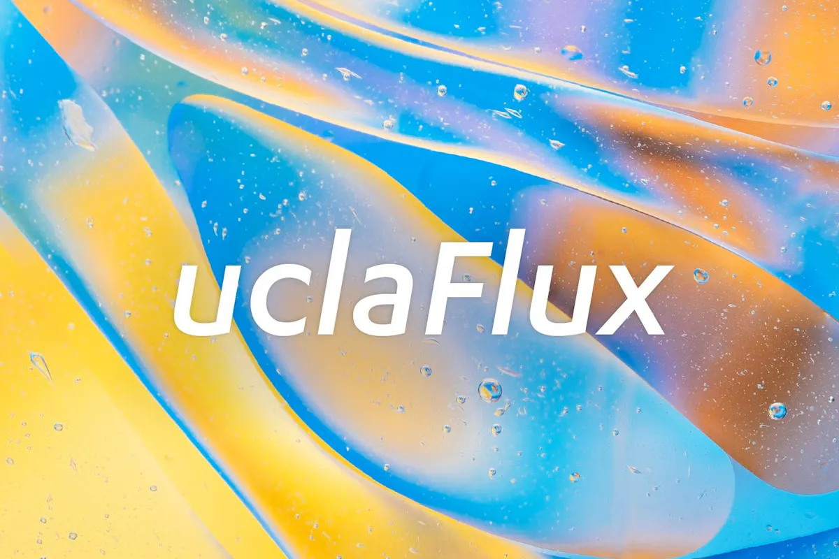 White words "uclaFlux" in front of a flowy, reflective background. 