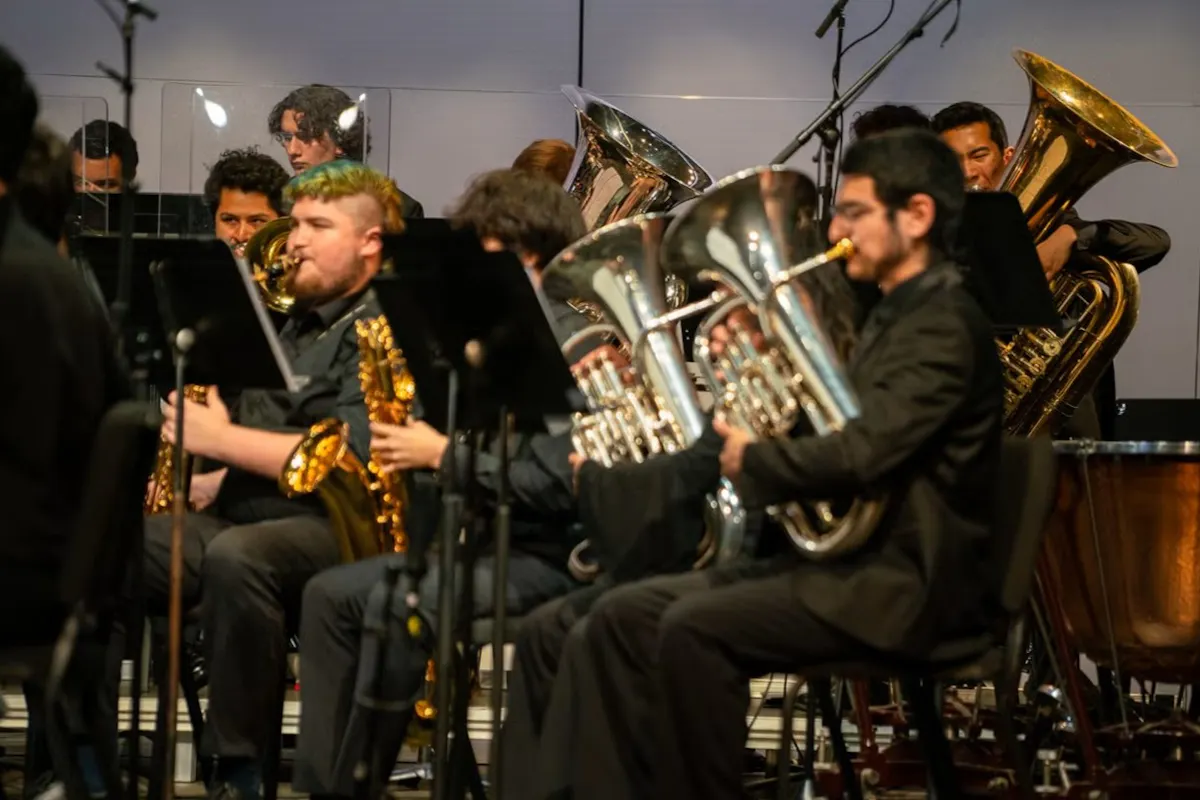 Side profile picture of the euphonium section on stage.