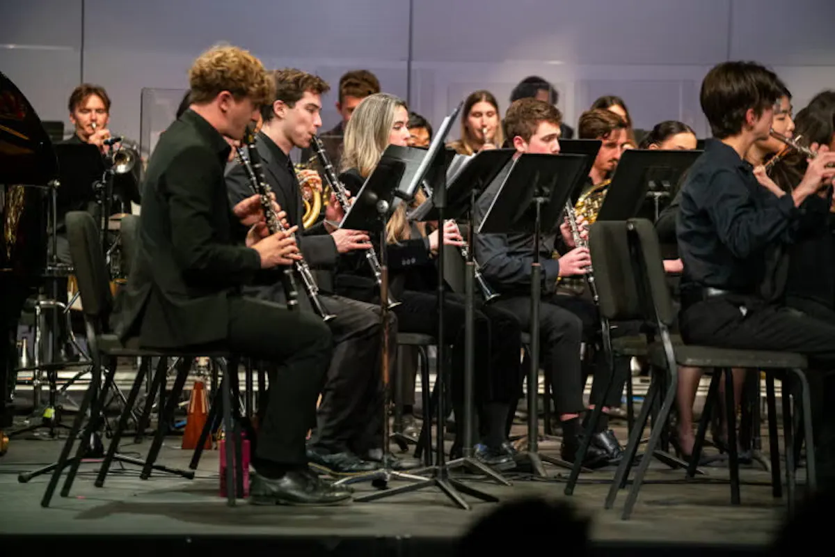 Side profile of the clarinet section playing in a concert. 