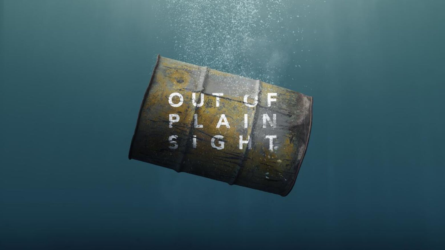 Dramatic image of a corroded barrel sinking into the ocean with the name of the film designed on the image