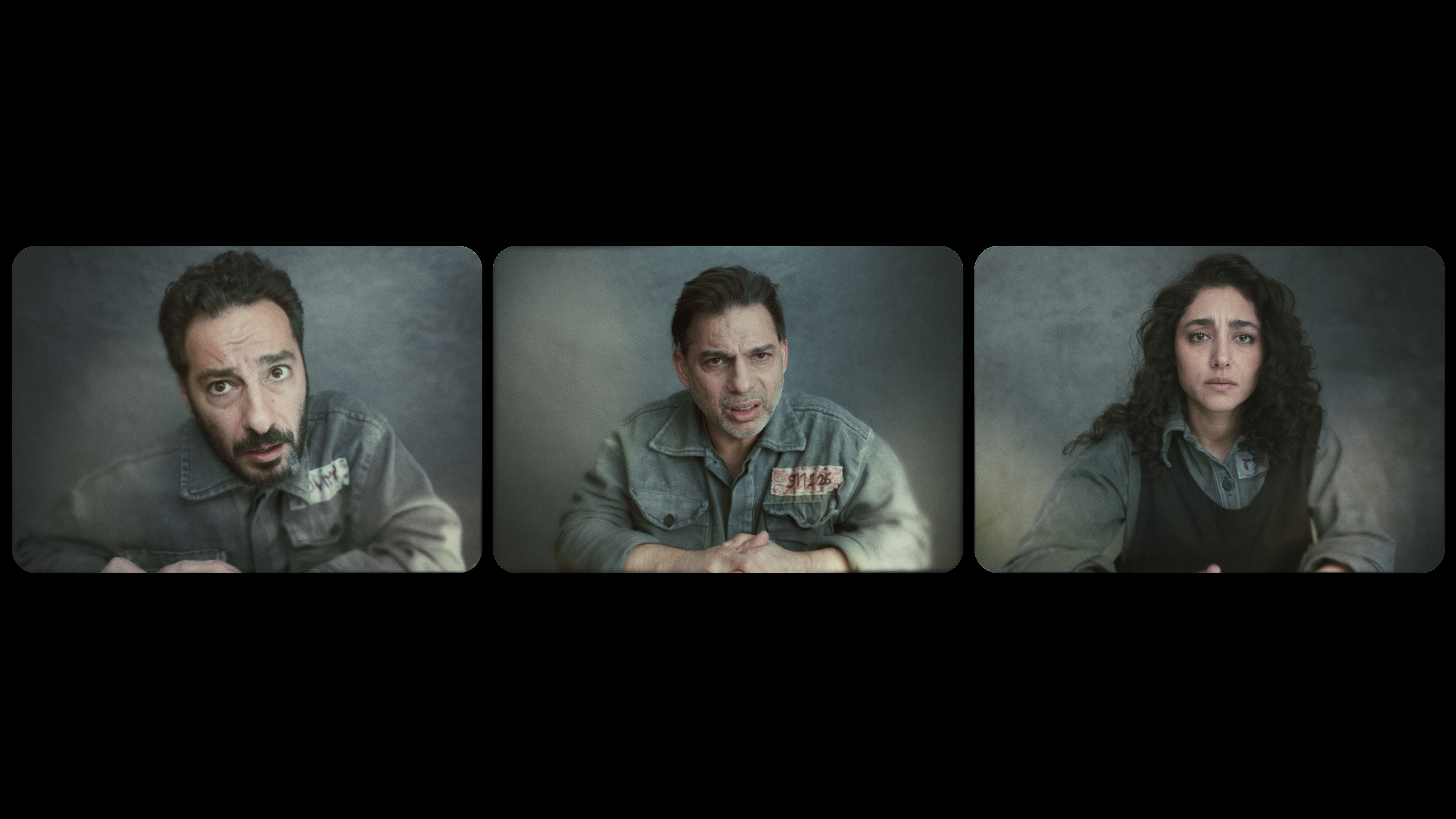 Two men and a woman in 3-part frame looking forward