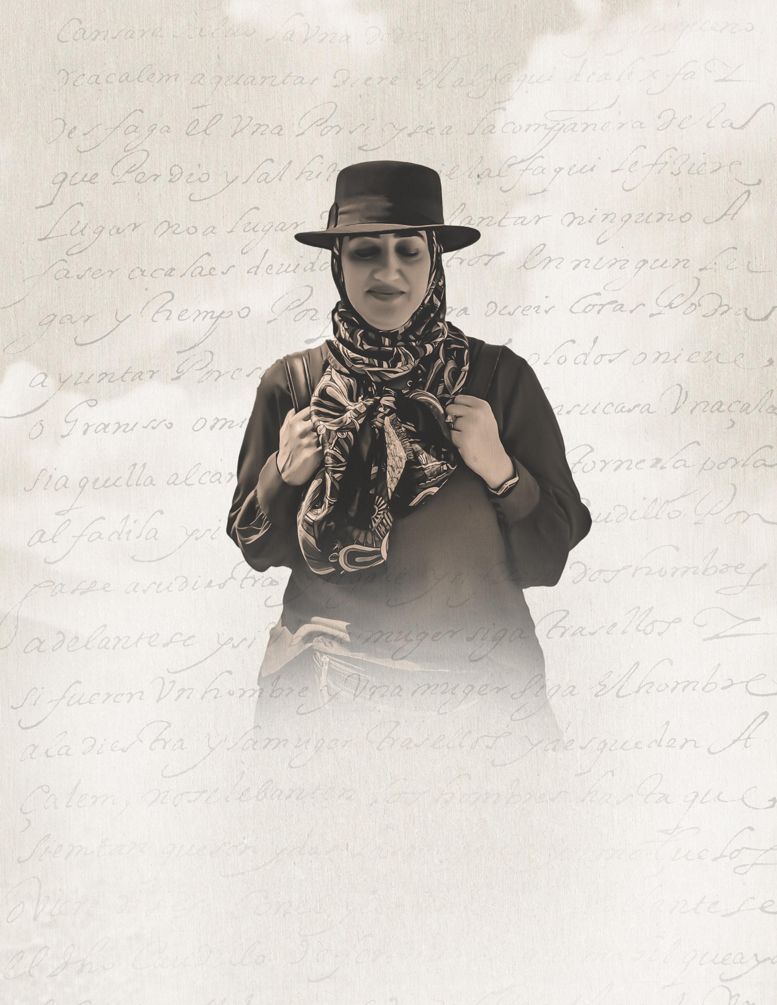 Woman wearing large brimmed hat and scarf