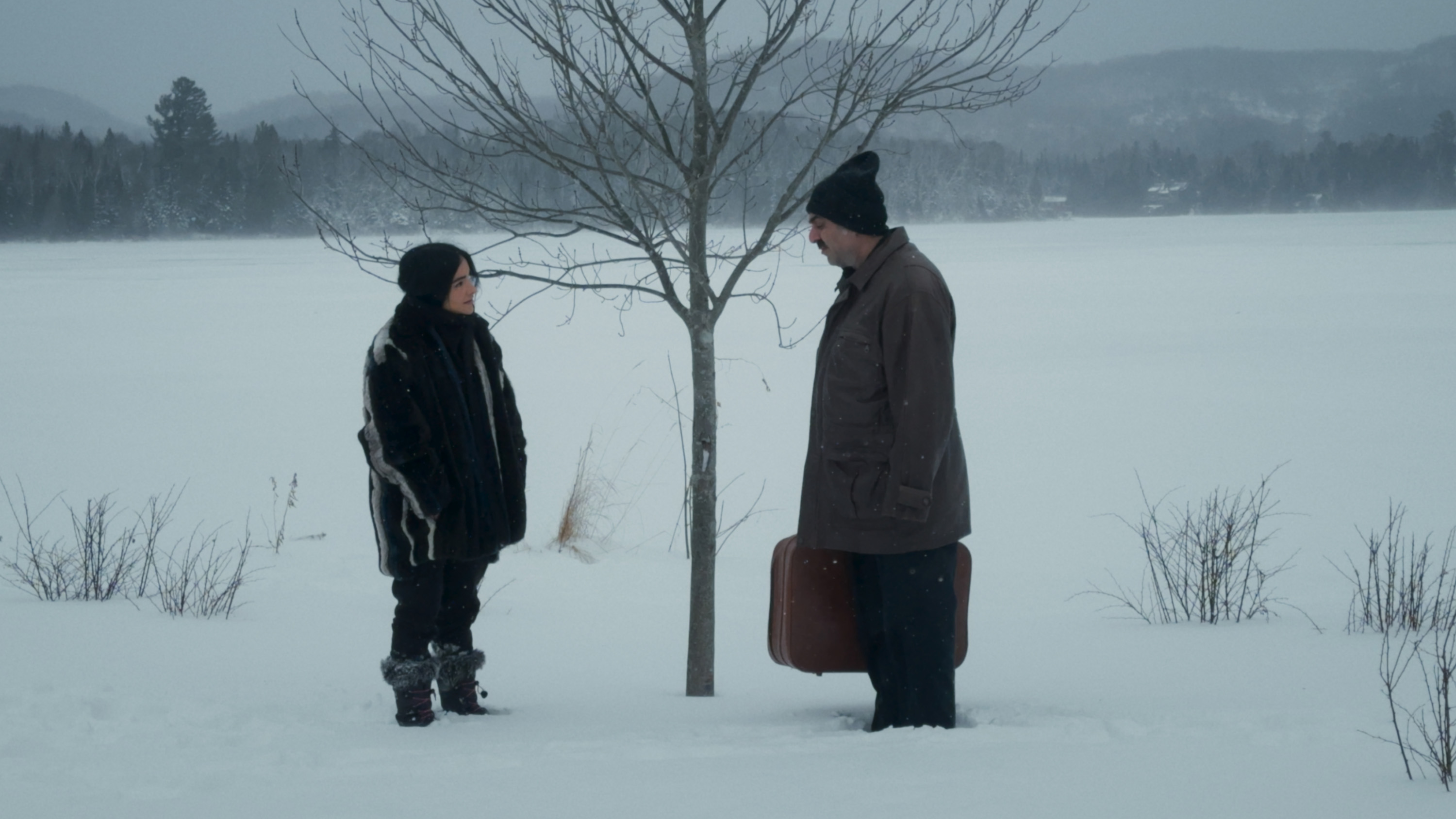 Man in heavy clothing and carrying a suitcase talking to someone while both standing in the snow