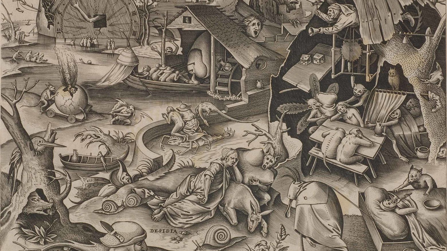 Detail view of an artwork from the 1500s by Pieter van der Heyden. Dramatic and surreal scenes of humans and animals in shades of brown. 