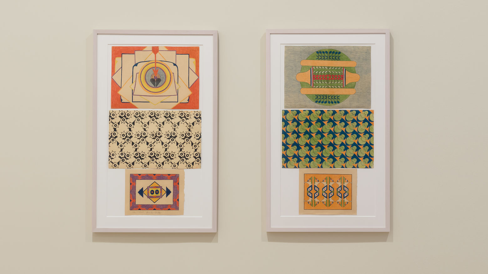 Installation view of several works by Mary Sully. A series of repeating shapes in vibrant colors.