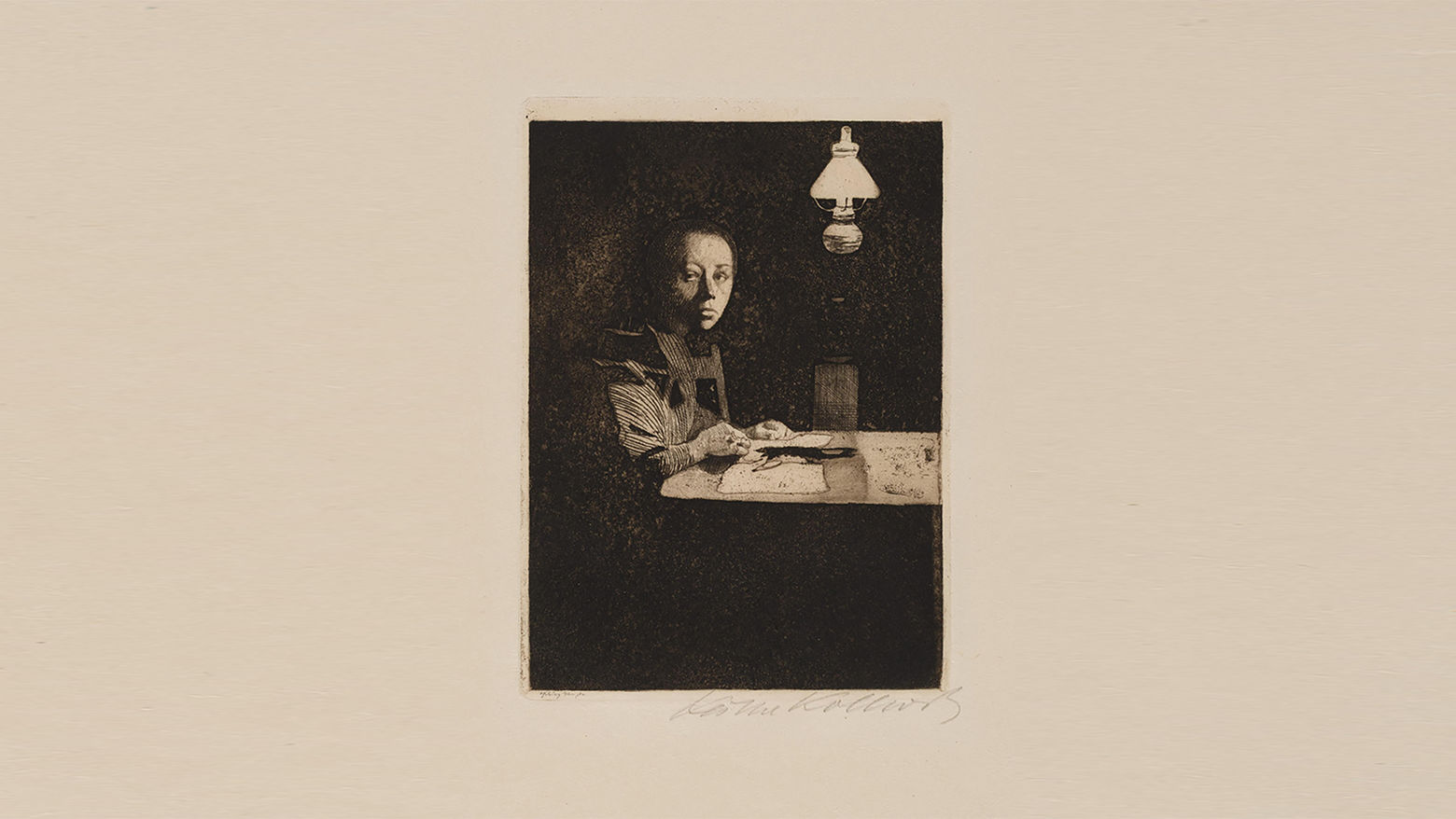 1893 Etching and aquatint by artist Käthe Kollwitz titled Self Portrait at the Table

